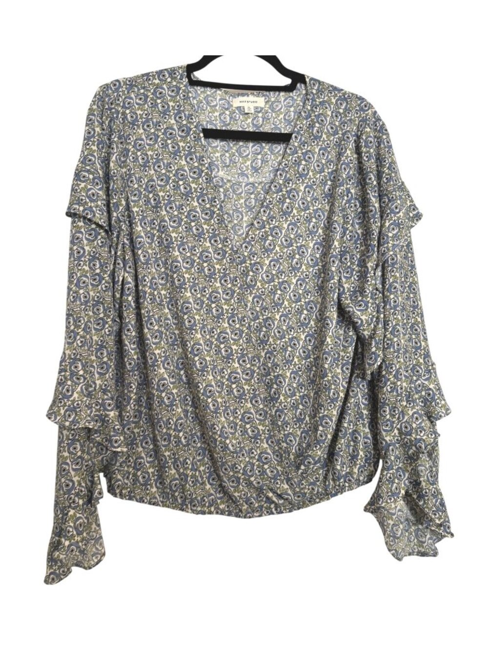 Max Studio Print Long Sleeve Size XL Ruffle EUC Blouse V Neck